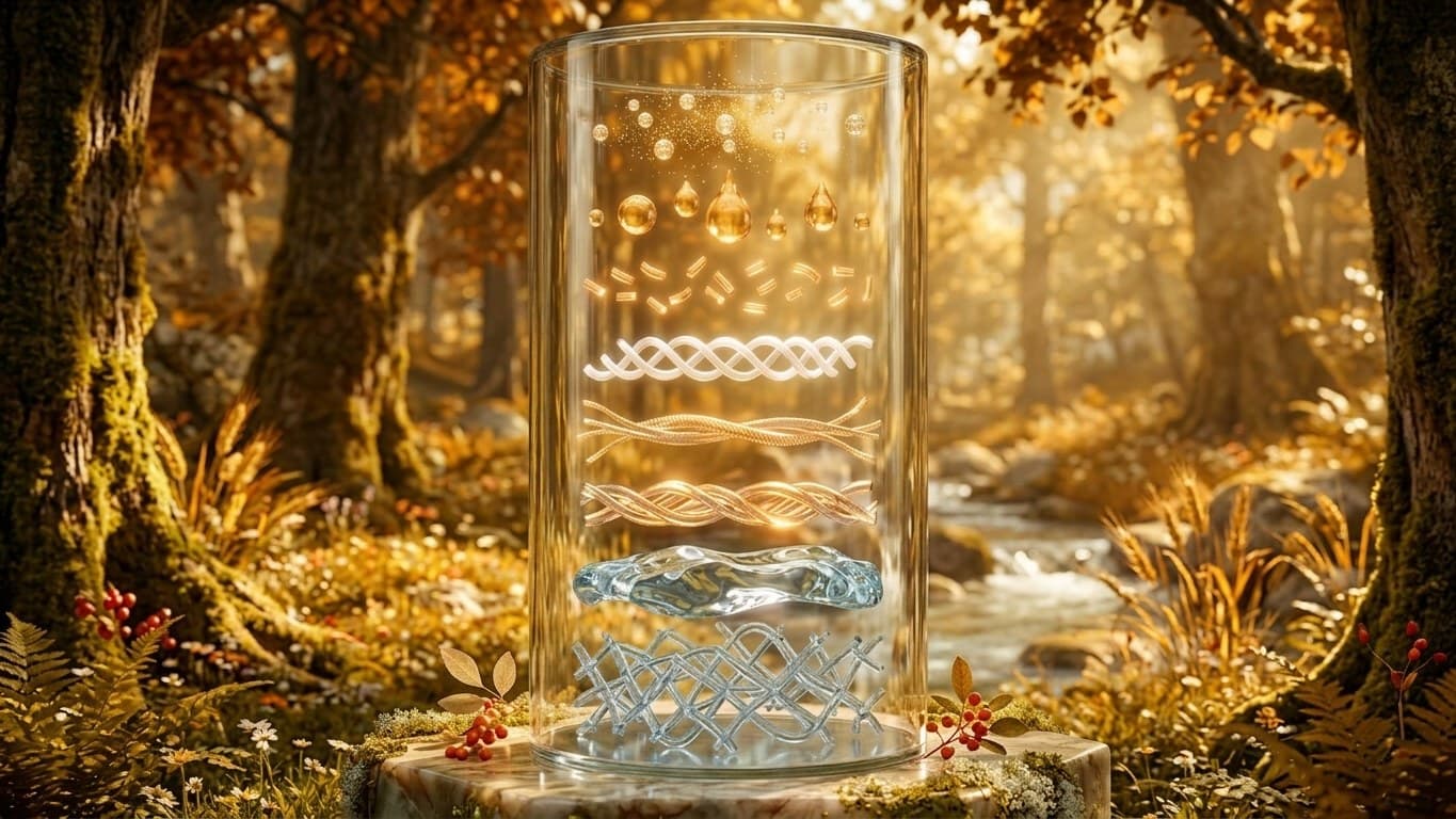 一只透明玻璃圆柱立在金秋林间溪边的石台上，柱内自下而上悬浮着八层形态各异的胶原：交联成网的、凝胶状的、螺旋绳索状的、短棒状的、颗粒与液滴，最上面是细微粒