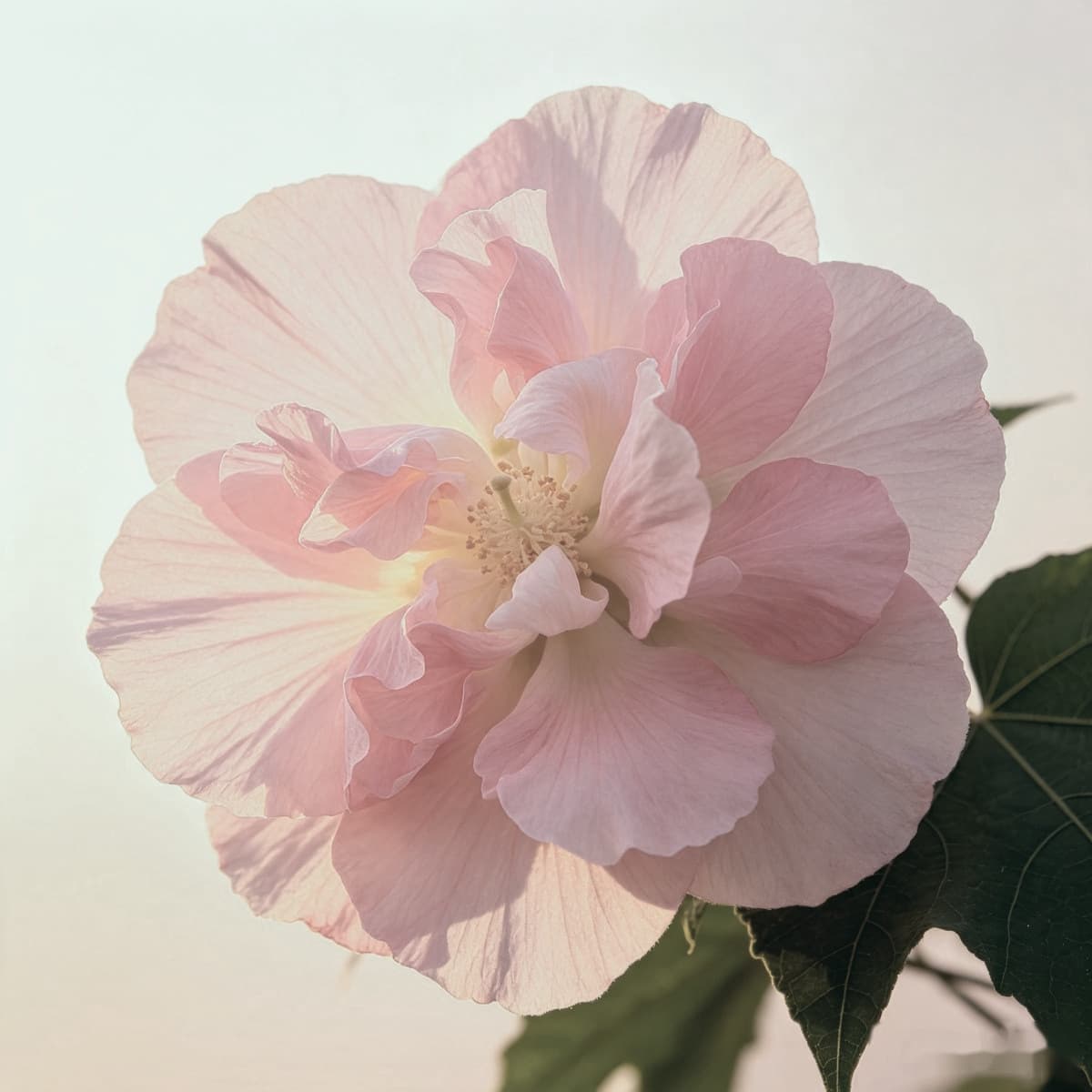 重瓣木芙蓉迎着晨光舒展,花瓣由外向内由浅转深