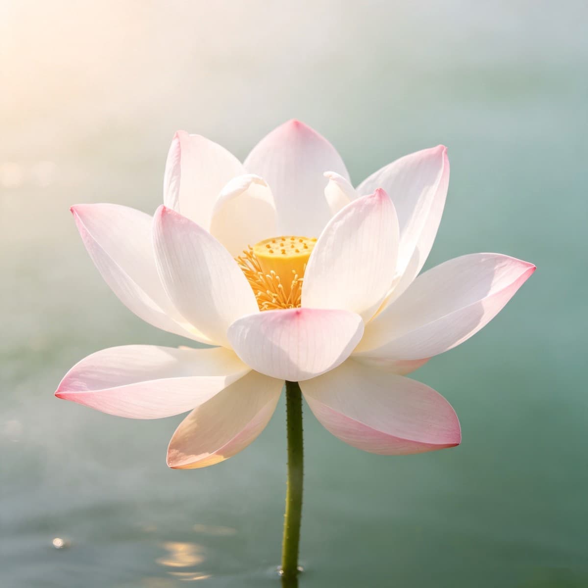 水面上盛开的白莲,花瓣尖端染粉,背景是青色水光