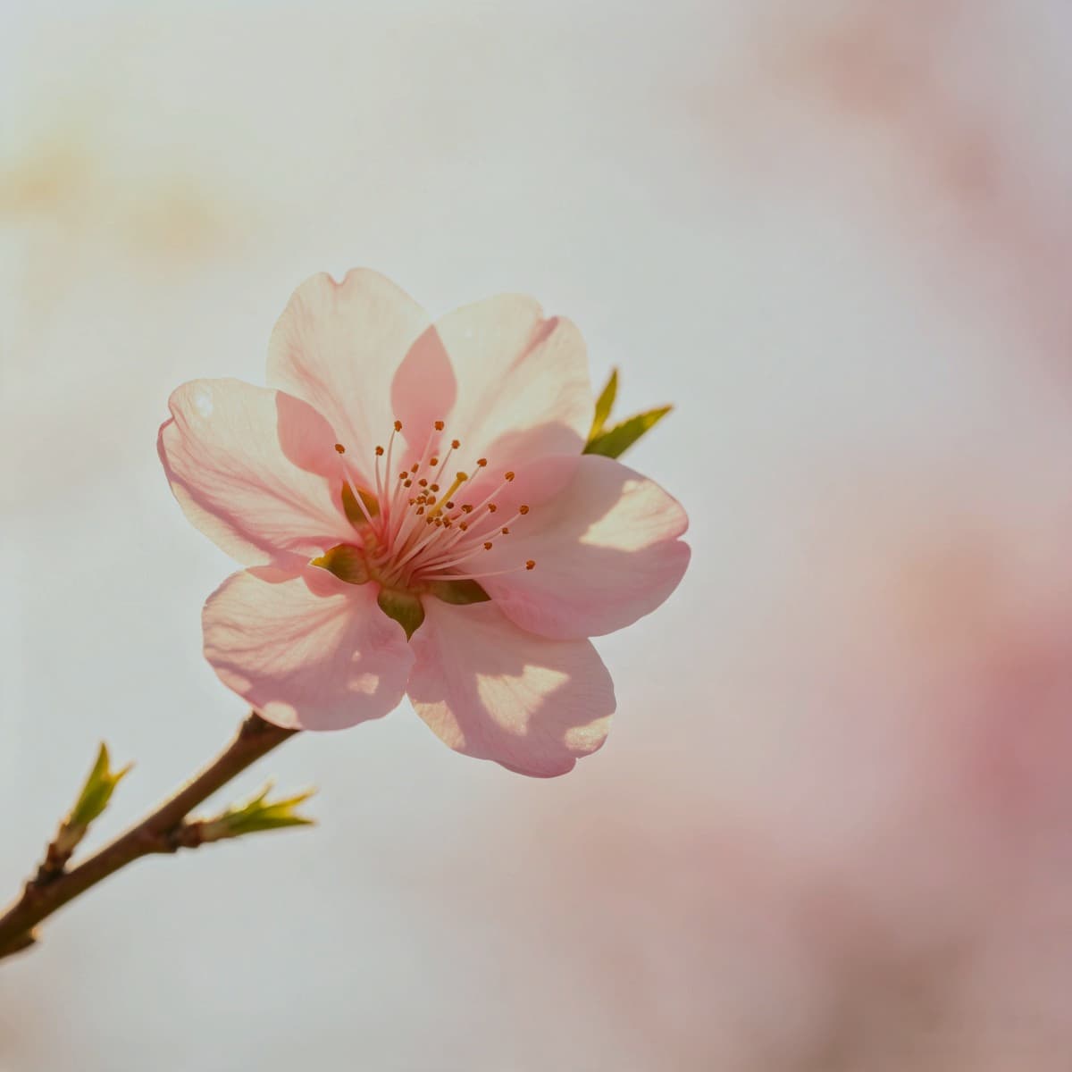 逆光下的一朵桃花,粉白花瓣通透,花蕊清晰