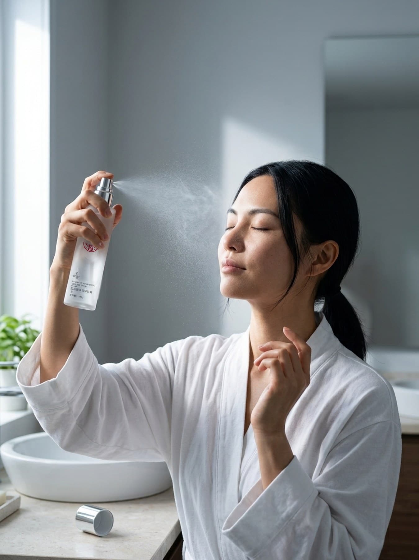 清晨浴室洗手台前,模特闭眼仰头,用小水晶对着脸颊喷出细雾